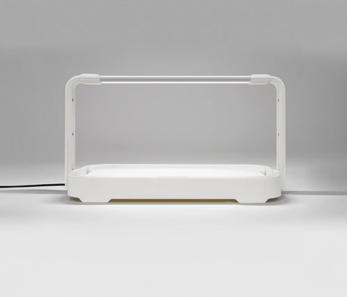 Entry-level white microgreen garden system with LED grow light used for indoor gardening.