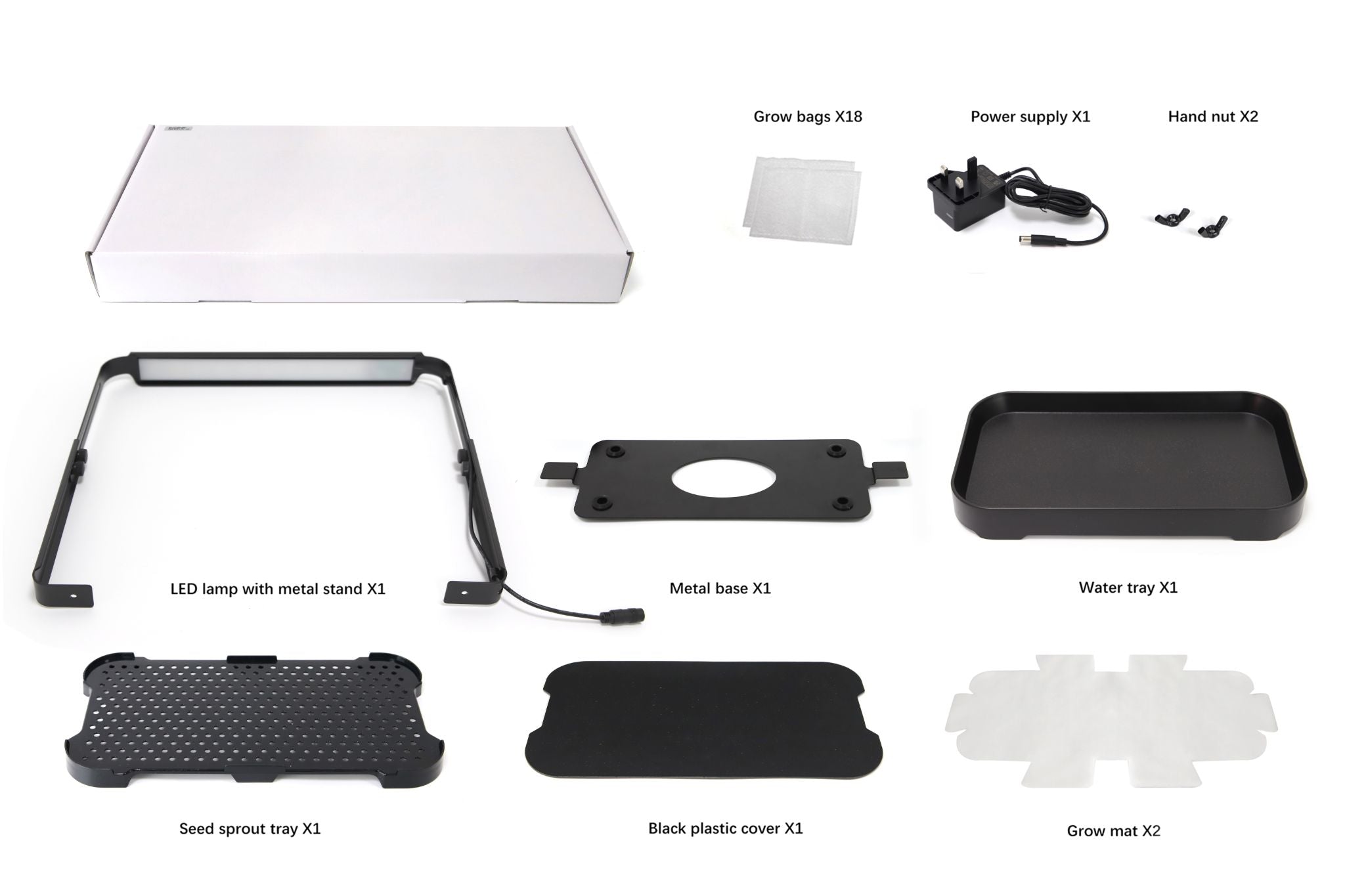 Box contents and accessories that come with the height adjustable microgreen garden laid out in a grid, including power adapter, LED light integrated in a metal stand, grow mats and bags, wing nuts, water and sprout tray, metal base plate and a black plastic cover.