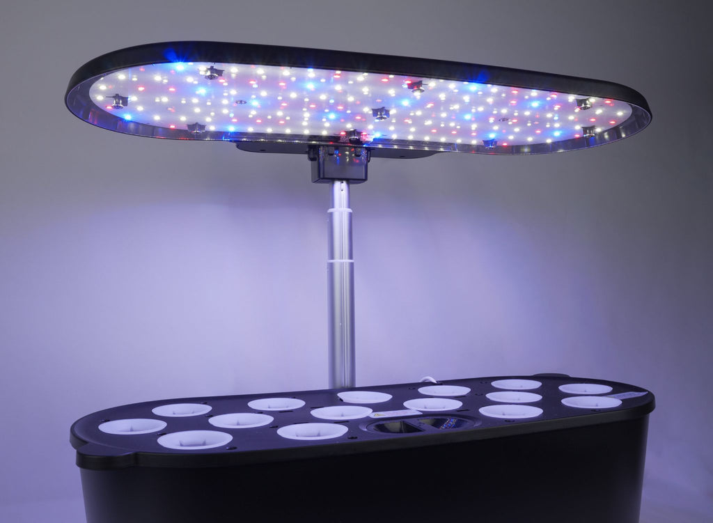 Black indoor smart garden (empty) with blue-purple LED grow light set to vegetable and herb mode.