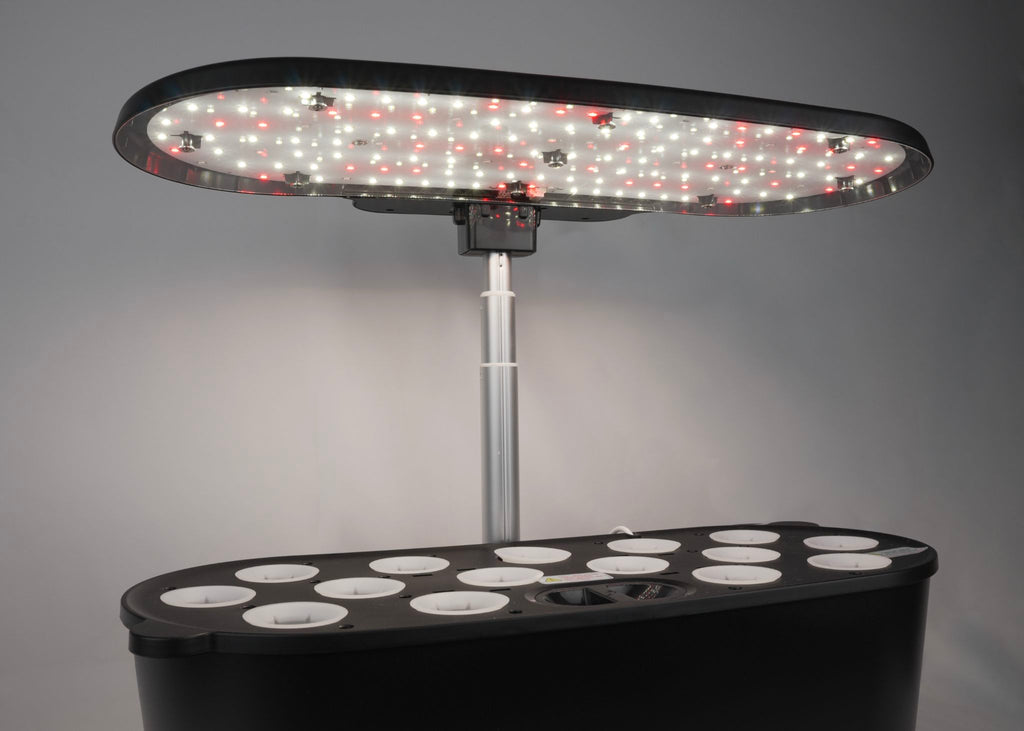 Black indoor smart garden (empty) with a warm-toned LED grow light on and set to fruit and flowering mode.