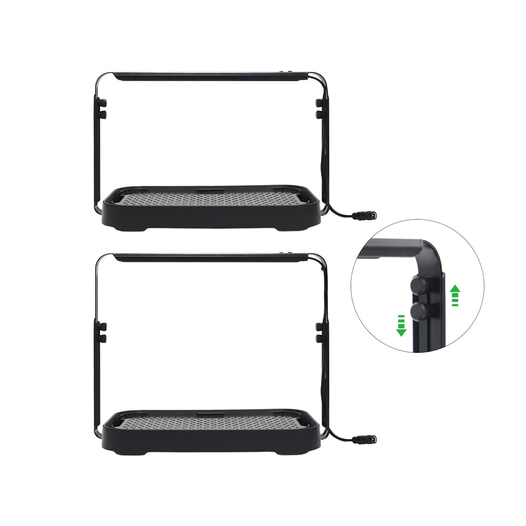 Height-adjustable black microgreen garden system shown with tightening screws used to adjust the LED height.