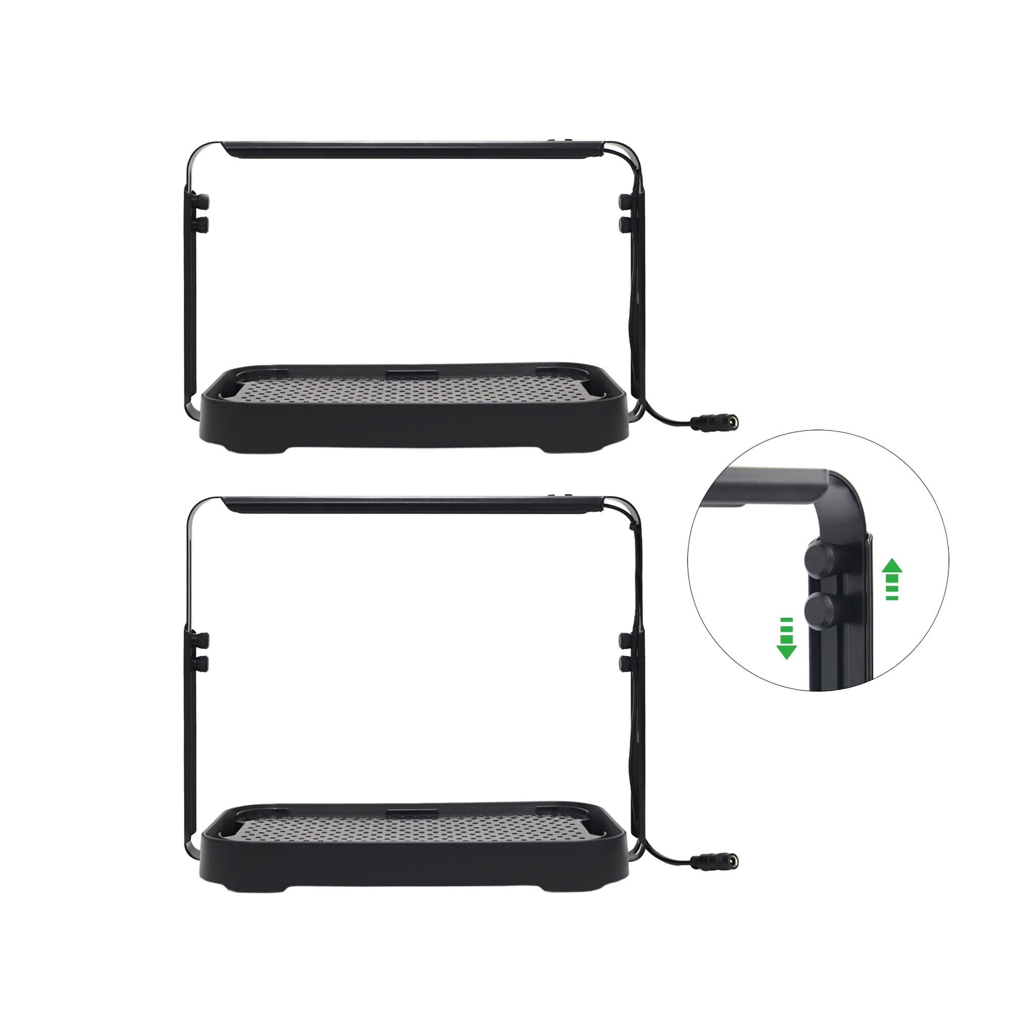 Height-adjustable black microgreen garden system shown with tightening screws used to adjust the LED height.