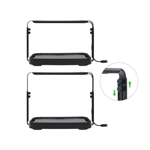 Height-adjustable black microgreen garden system shown with tightening screws used to adjust the LED height.